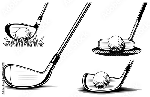Golf Clubs and Balls in Various Poses, Black and White Illustration