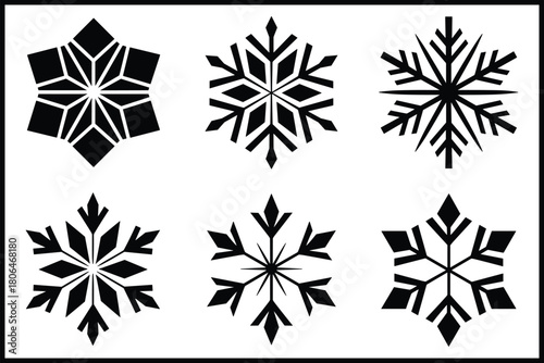 Stylized black snowflake icons, elegant frosty designs winter isolated on white background, Vector