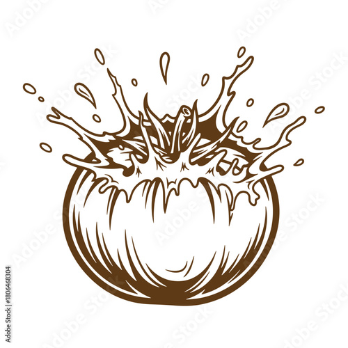 Illustrated vintage sketch of a tomato with a water splash effect brown color design