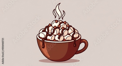 A cup of hot chocolate with marshmallows and chocolate syrup, a cozy and delicious treat for winter and holiday season, perfect for festive designs