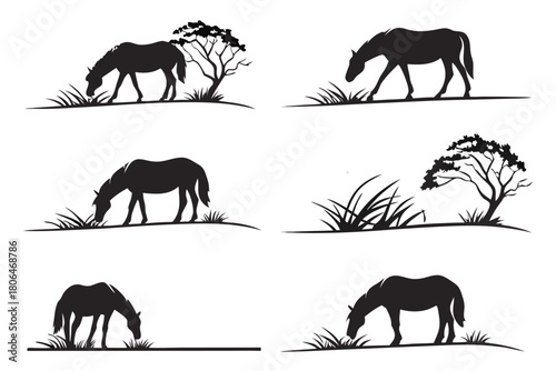 Minimalist horse grazing icon set in black and yellow