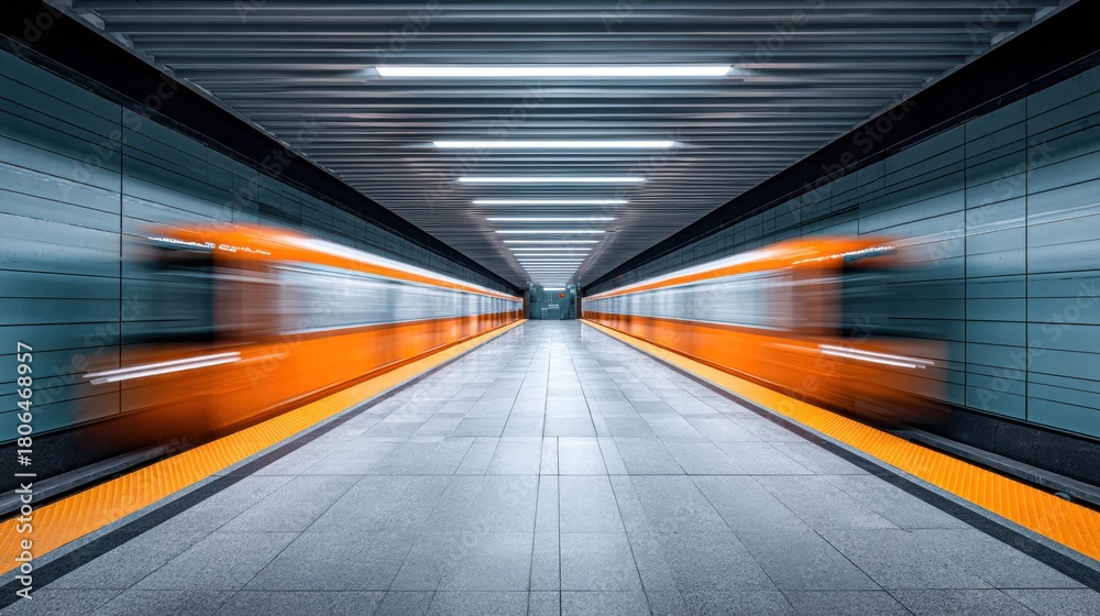 Fototapeta premium Blurred orange subway trains speeding through a modern subway station.