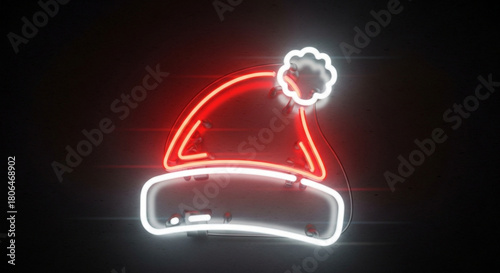 A radiant neon sign of a santa hat shines brightly against a dark backdrop, capturing the joyful spirit of the christmas season