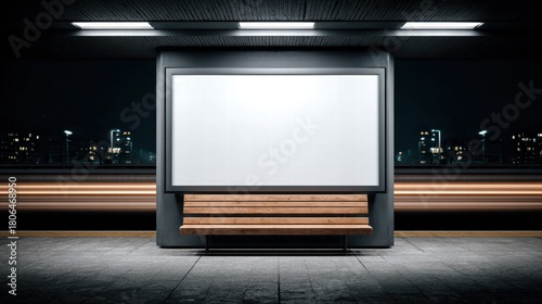 Fototapeta Naklejka Na Ścianę i Meble -  Blank billboard at a train station with a bench at night.