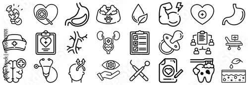 Medical and Health Icons Brain, Heart, Stomach, Dental, and More