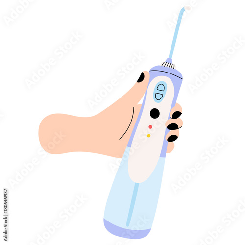 Flat style illustration of a hand holding a water flosser. Modern dental care tool for hygiene, health, clinic ads, instructions and medical design projects.