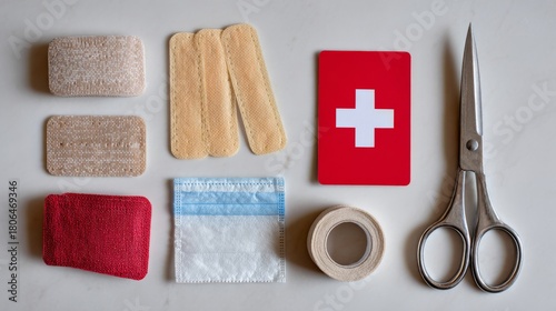 Medical supplies including bandages, scissors, and a first aid card arranged on a flat surface.