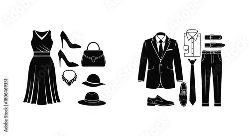 Elegant clothing and accessories collection in monochrome silhouette style
