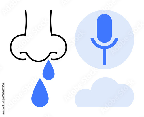 Nose dripping water droplets, microphone indicating speech or recording, and cloud suggesting storage or weather. Ideal for health, allergies, sound, data, technology, weather simple flat metaphor