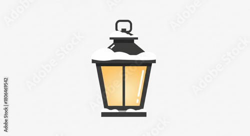 A charming black lantern with a warm yellow glow, adorned with a delicate layer of snow on top, isolated on