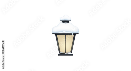 A charming white lantern with a warm yellow glow, adorned with a delicate layer of snow on top, isolated on
