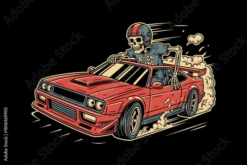 Skeleton driving a red sports car at high speed.