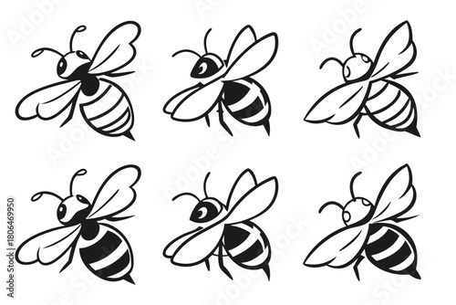 Minimal bee outline icon set with black yellow and color accents