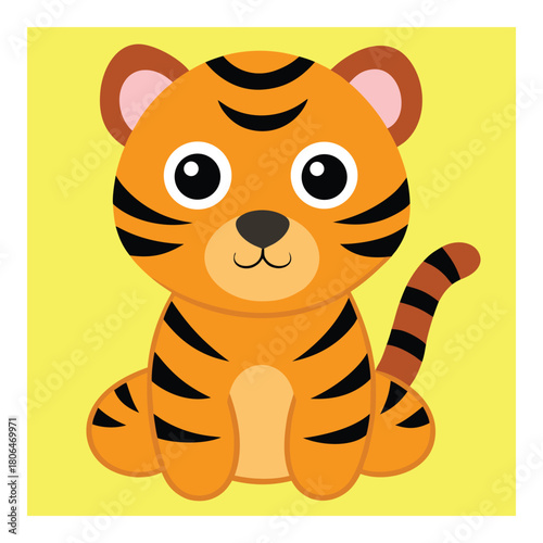Adorable cartoon tiger cub with big eyes cheerfully sitting on a bright yellow background