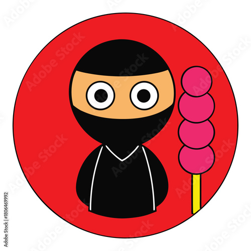 Simple cartoon ninja character presenting a vibrant pink candy skewer against a circular red background