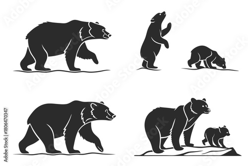 Minimalist grizzly bear cub icon set