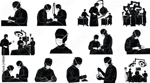 ]Surgery, Surgeon, Operation, Medical, Hospital, Healthcare, Robotic, Teamwork, Procedure, Instruments, Mask, Gown, Monitor, Patient, Sterile