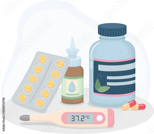 Still life of medical supplies including blister pack of tablets, bottle of capsules, nasal drops and a digital thermometer