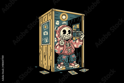 Skeleton character taking a selfie in a photo booth.