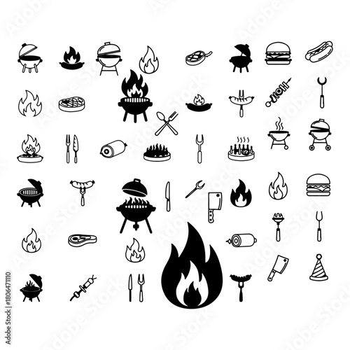 Barbeque grill icon bundle fire Barger Fast-food BBQ barbecue meat sausage fork party icon set