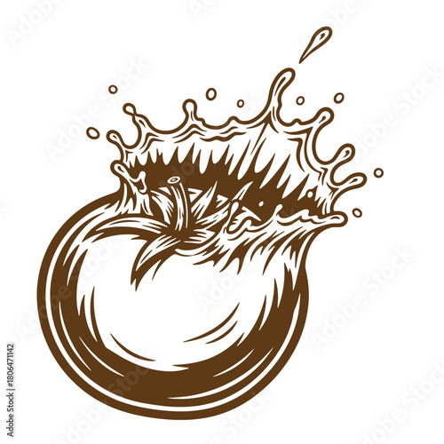 Vintage sketch illustration depicting a fresh tomato exploding with liquid splashes