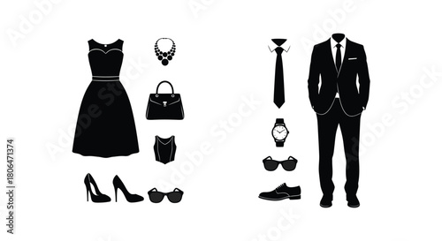 Elegant clothing collection suit dress accessories and shoes in black silhouette