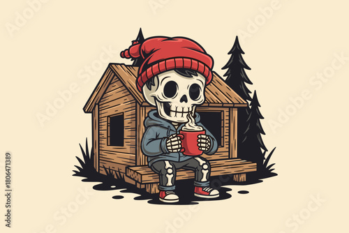 Skeleton character wearing a red hat and holding a mug sitting o