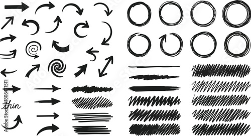 Hand drawn arrows circles and brush strokes in black ink