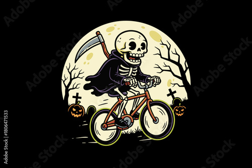 Skeleton Grim Reaper Riding Bicycle Under Full Moon.