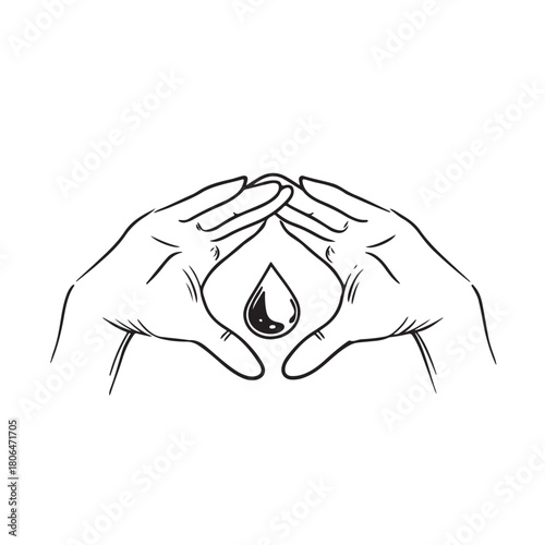 Hand Protecting Water Drop Line Art Illustration