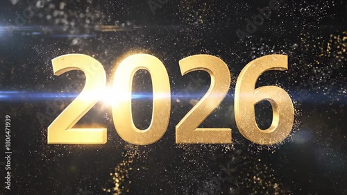 Golden 2026 text with sparkling fireworks and lens flare effect.