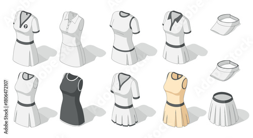 Stylish women’s tennis clothing collection in isometric design for sports enthusiasts