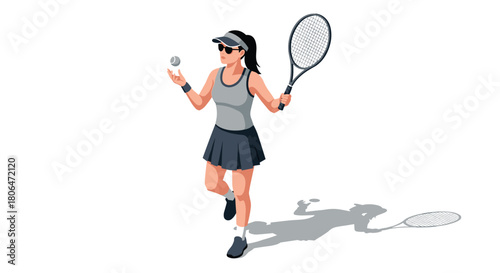 Woman tennis player in action with racket and ball, isometric sports illustration