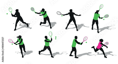 Dynamic tennis silhouettes: athletic men and women in action poses