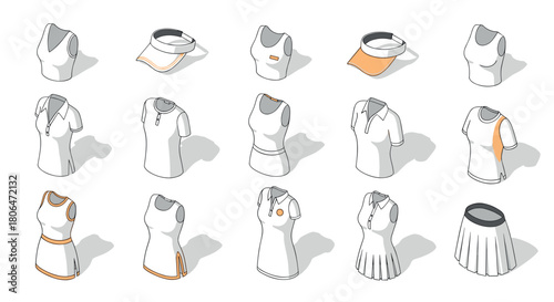Isometric women's sportswear collection with shirts, visors, and skirts
