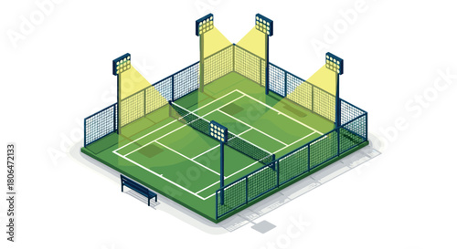 Isometric tennis court with lights and nets in urban setting