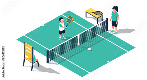 Isometric tennis court with kids playing tennis in modern sports complex