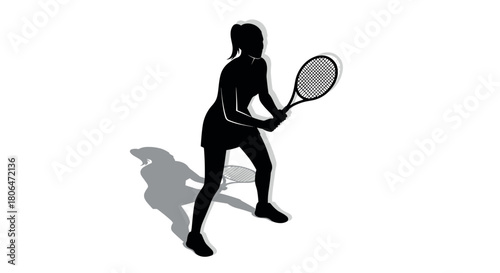 Tennis player silhouette with racket and shadow in action pose on white background