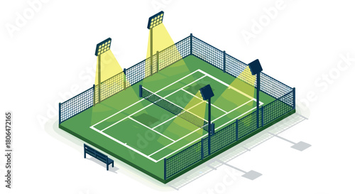 Isometric tennis court with night lights and fencing