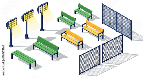 Isometric park elements with benches and fencing for outdoor spaces