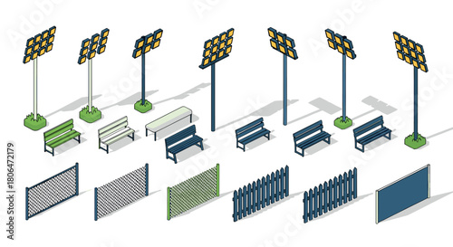 Isometric sports field elements with floodlights, benches, and fences