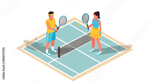 Isometric tennis match: two players on court in action scene