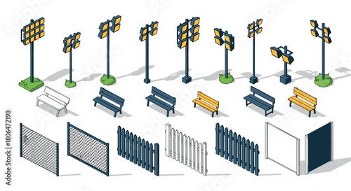 Isometric outdoor furniture and lighting elements collection for urban design