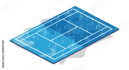 Isometric tennis court in rain with puddles and ripples