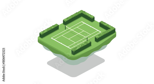 Isometric green tennis court with hedge walls on floating island