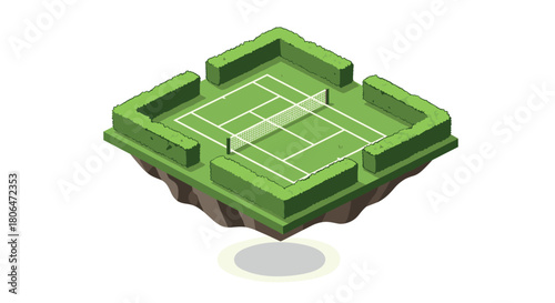 Isometric floating tennis court with surrounding hedges on grass platform