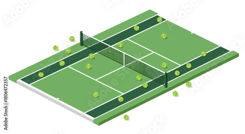 Isometric tennis court with tennis balls and net on green field