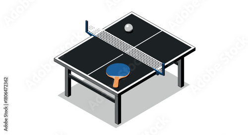 Isometric table tennis scene with paddle and ball on black surface