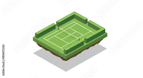 3d isometric tennis court design with hedge borders on floating terrain