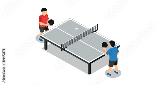 Isometric ping pong game scene with two players on a table tennis court
